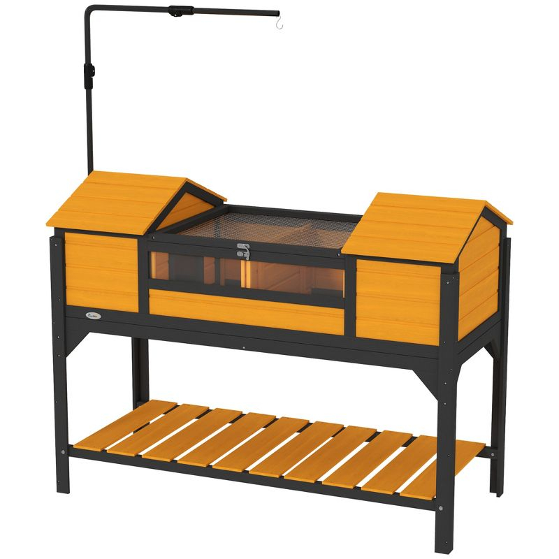 PawHut Tortoise Habitat with Adjustable Lamp Holder, Wooden Tortoise Enclosure with Storage Shelf, Dual Main Houses, Fixed Tray, Openable Lid, Yellow