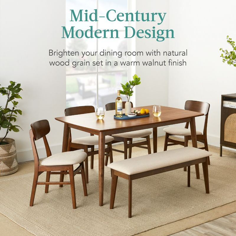 Best Choice Products 6-Piece Mid-Century Modern Upholstered Wooden Dining Set w/ 4 Chairs, Bench - Walnut/Cream