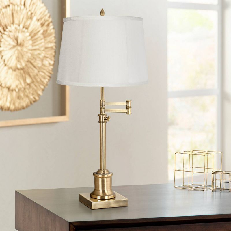 360 Lighting Swing Arm Desk Table Lamp 36" Tall Antique Brass Beige Fabric Drum Shade for Living Room Bedroom Bedside Office Family