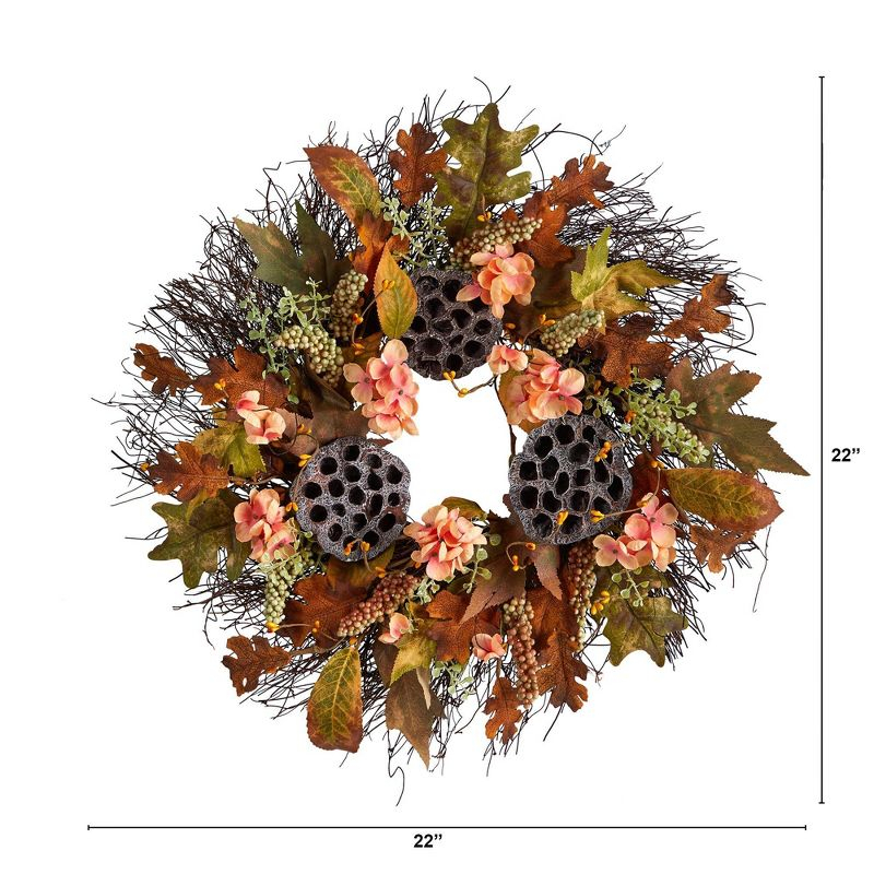 Nearly Natural 22” Autumn Hydrangea, Dried Lotus Pod Artificial Fall Wreath