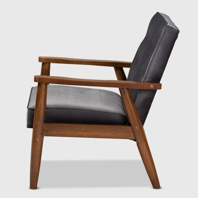 Baxton Studio Sorrento Velvet Upholstered Wooden Lounge Chair Gray/Brown: Mid-Century Modern Accent, Polyester Fabric