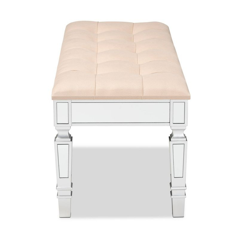 Hedia Fabric Upholstered and Wood Accent Bench Beige/Silver - Baxton Studio: Mirrored Glass, Foam-Padded, Button-Tufted
