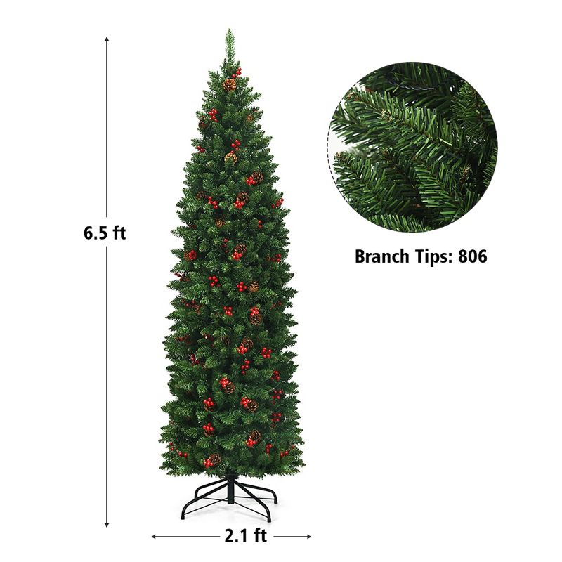 Costway 6.5Ft Pre-lit Hinged Pencil Christmas Tree w/Pine Cones Red Berries & 250 Lights