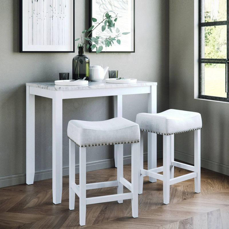 38&#34; Solid Wood Pub Dining Table and Stool Set White Marble/Light Gray Linen - Nathan James