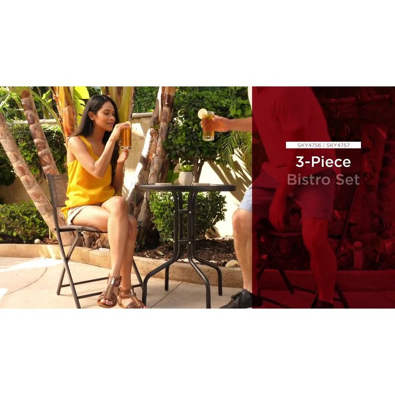 George Oliver 3-Piece Patio Bistro Dining Furniture Set W/ Glass Tabletop, Folding Chairs