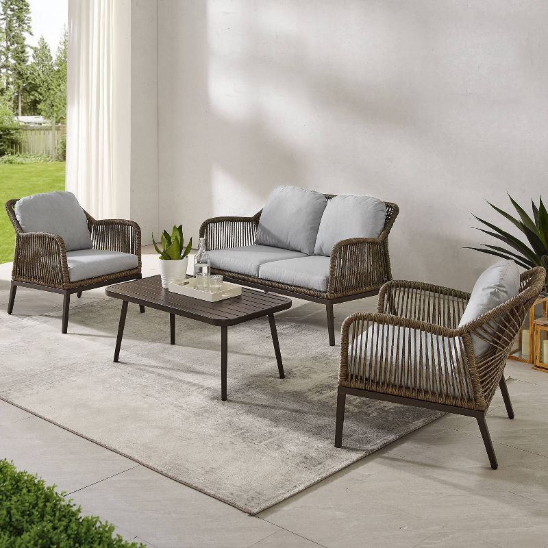 Haven 4pc Outdoor Wicker Conversation Set: Weather-Resistant, Steel Frame, Polyester Cushions - Crosley