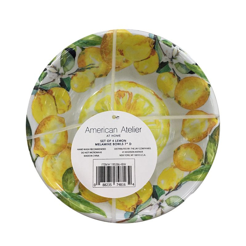 American Atelier Lemon Design Melamine Bowls, 7-Inch, Lightweight and Break-Resistant Pasta Bowls, Set of 4,