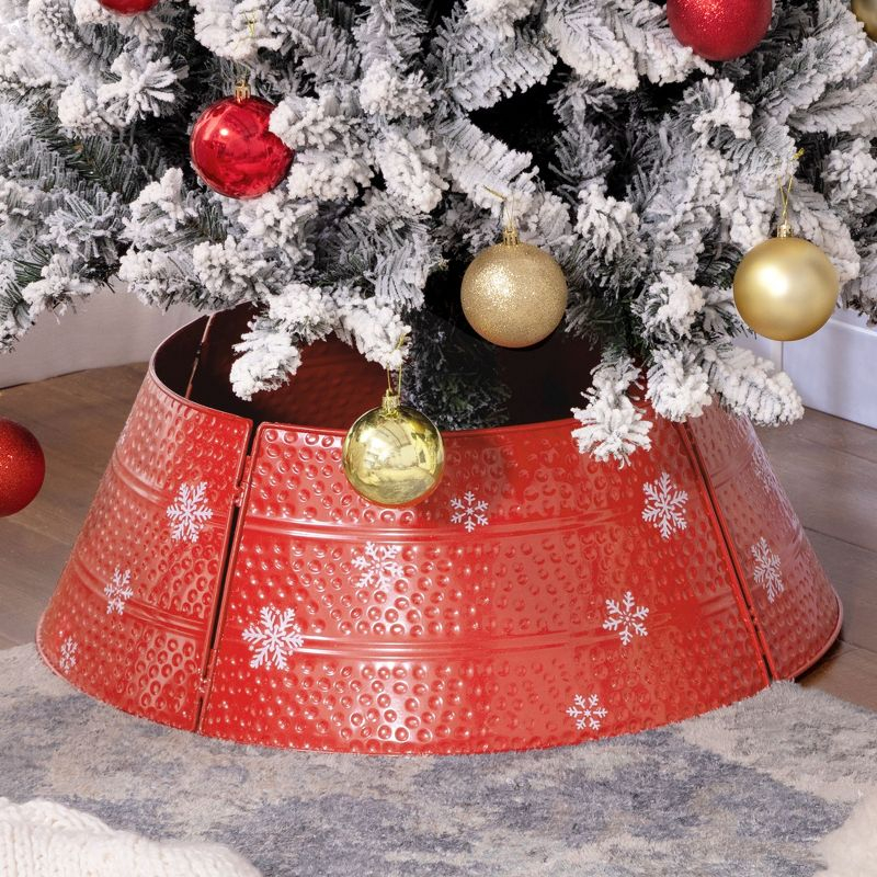 HOMCOM Christmas Tree Collar Steel Tree Ring Skirt, Home Xmas Decoration with Snowflake Engraving, 26" Base, Red