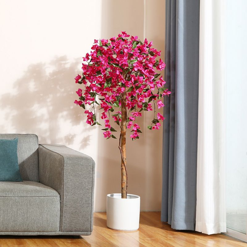 5FT Artificial Bougainvillea Tree Potted Fake Plant with Wood Trunk and Pink Flowers for Indoor Office Wedding Home Decor