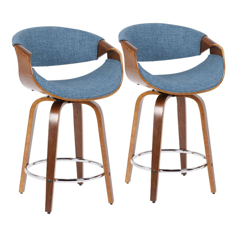 LumiSource Set of 2 Curvini Upholstered Counter Height Barstools Blue/Walnut: Swivel, Chrome-Plated, Wood Legs