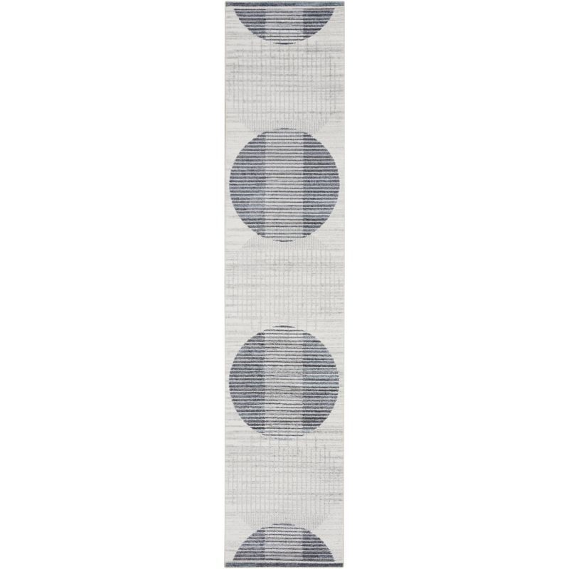 Nourison Astra Machine Washable Semi Circles Mid-Century Modern Indoor Bathroom, Kitchen Runner Rug Ivory Blue 2'2" x 12'