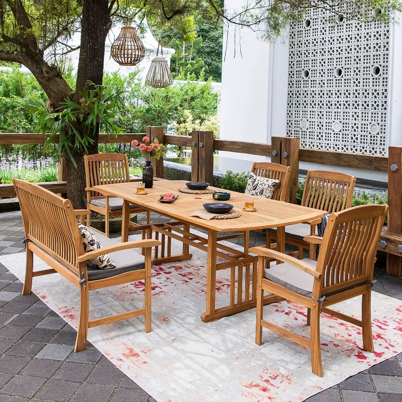 Cambridge Casual 6pc Caterina Teak Wood Outdoor Dining Set with Beige Cushion: Weather-Resistant, 2" Umbrella Hole, Galvanized Steel Hardware
