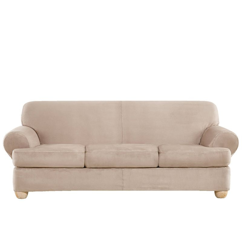 4pc Ultimate Stretch Suede T Cushion Sofa Slipcovers Cement - Sure Fit: Elastic, Zippered, Indoor Use