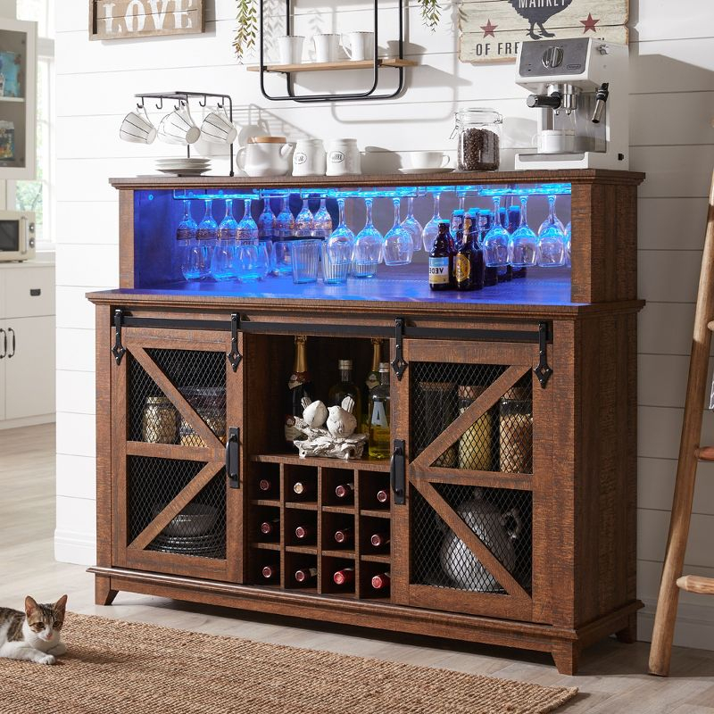 SinCiDo 55" Coffee Bar Cabinet with LED Lights & Sliding Barn Door & Wine and Glass Rack, Wine Bar Cabinet w/Storage Shelves, Reclaimed Barnwood