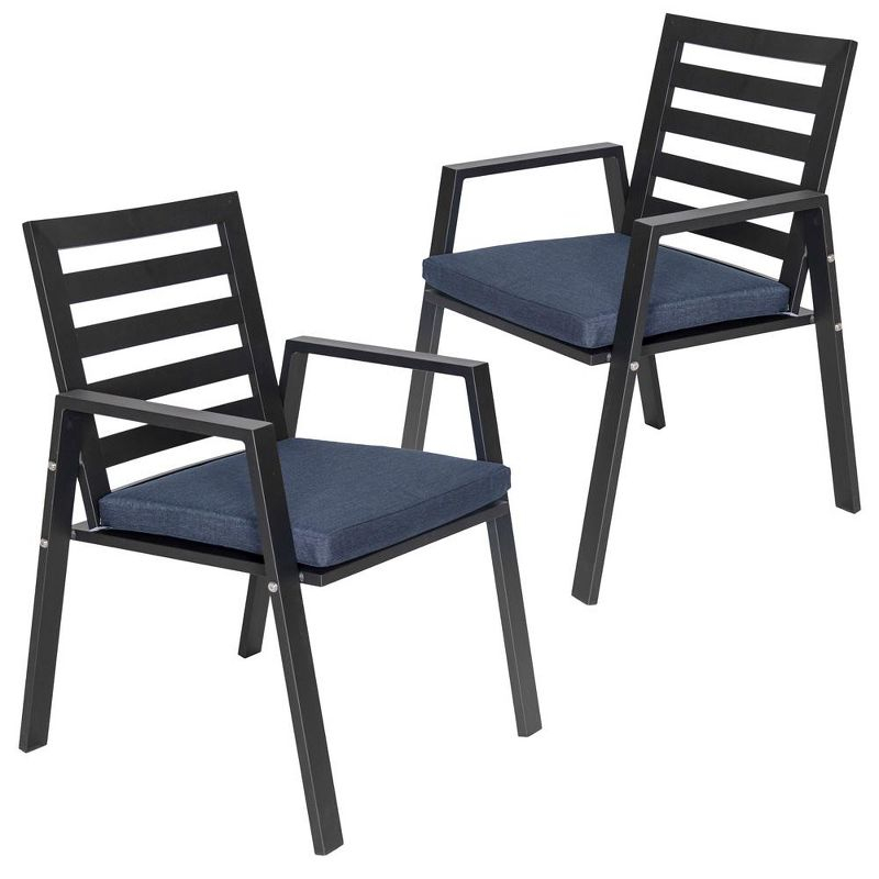 LeisureMod Chelsea Modern Patio Dining Armchair in Aluminum with Removable Cushions Set of 2 in Charcoal Blue