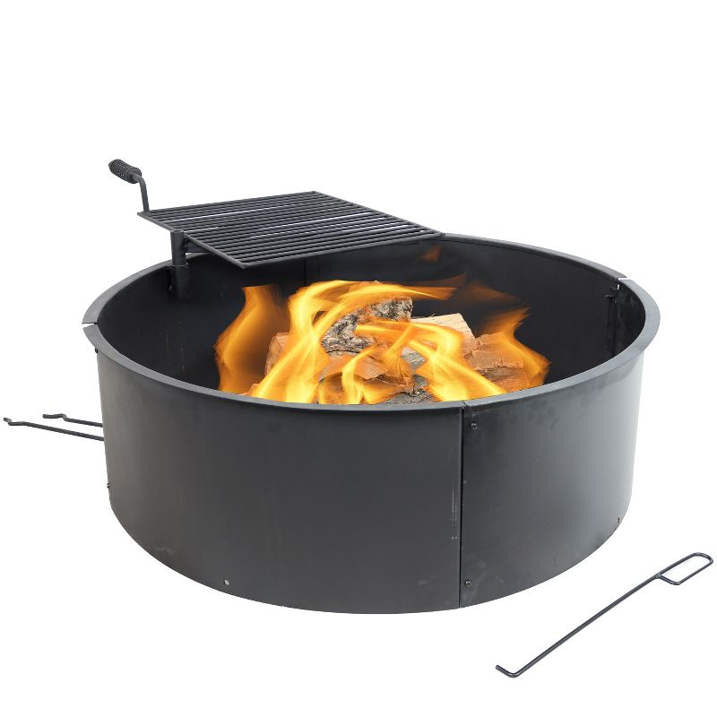 Sunnydaze Outdoor Heavy-Duty Steel Portable Campfire Ring with Cooking Grate and Fire Poker - 36" - Black