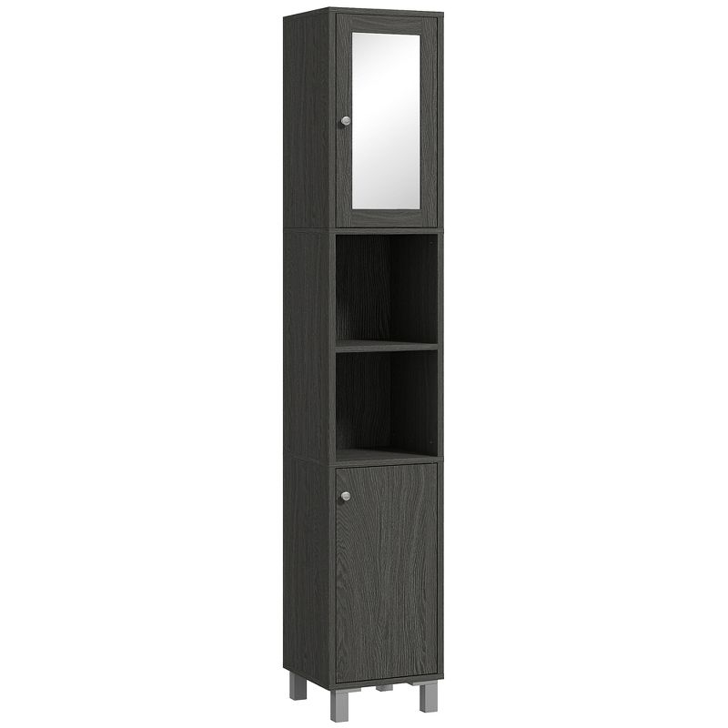 kleankin Tall Bathroom Storage Cabinet with Mirror, Wooden Freestanding Tower Cabinet with Adjustable Shelves for Bathroom or Living Room, Gray