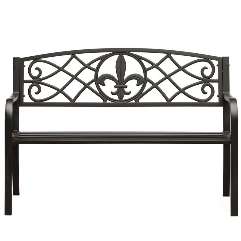 Outdoor Garden Patio Steel Park Bench Lawn Decor with Cast Iron Unique Design Back, Black Seating Bench for Yard, Patio, Garden, Balcony, and Deck