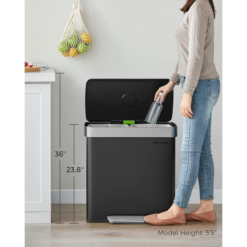 SONGMICS Kitchen Trash Can, 16 Gallon (2 x 8 Gallon) Dual Compartment Garbage Can, 60L Pedal Recycling Bin, 15 Trash Bags Included, Black