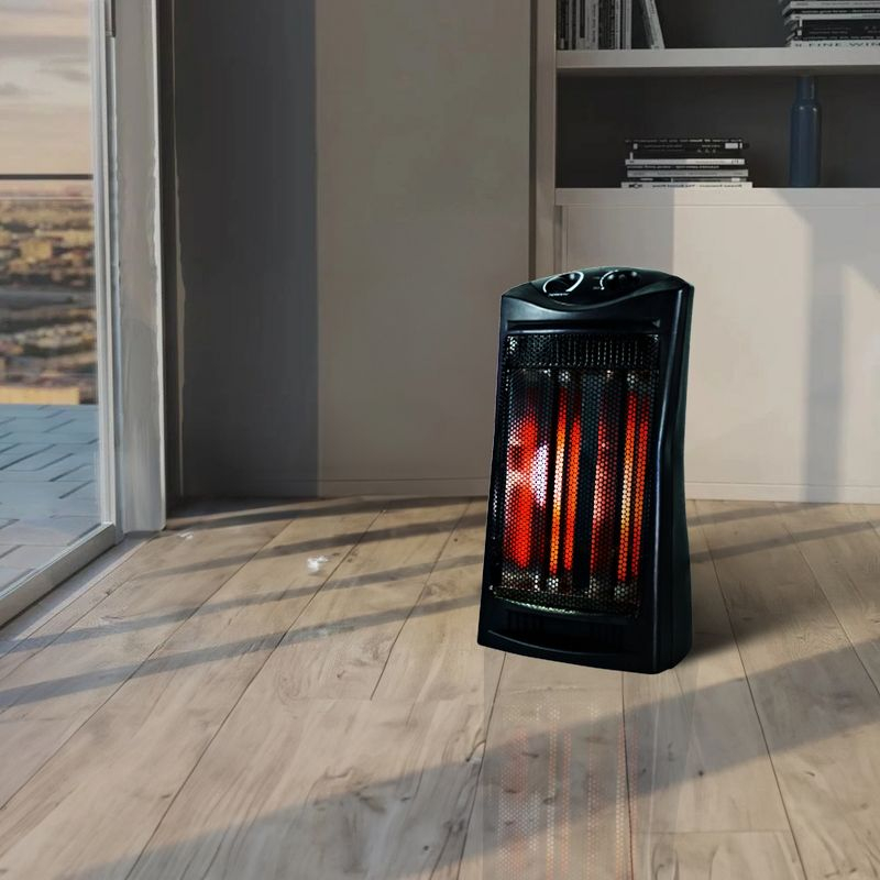 Geneva Industrial 1500W Quartz Infrared Electric Tower Heater with Adjustable Thermostat, Dual Quartz Tubes, Tip-Over Switch for Indoor Use, Black