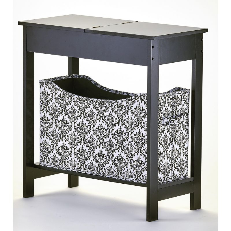 The Lakeside Collection Side Table with Fashion Print Storage Bin - Black with Black Fabric Basket