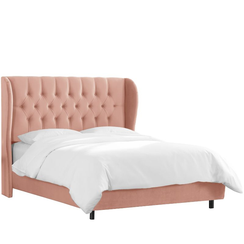 Skyline Furniture Queen Tufted Wingback Bed Blush Velvet: Contemporary Padded Headboard, Durable Pine & Metal Frame