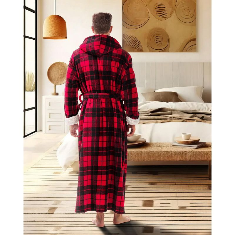 ADR Men's Warm Winter Plush Hooded Bathrobe, Full Length Fleece Robe with Hood Red Black Plaid with Cream Medium