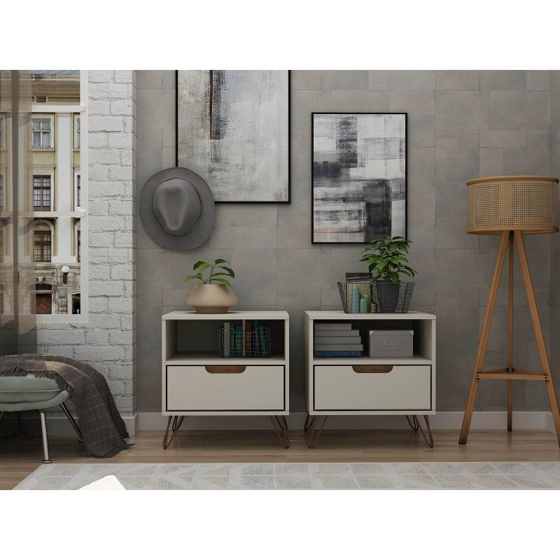 Set of 2 Rockefeller 1 Drawer Nightstands Off White/Nature - Manhattan Comfort