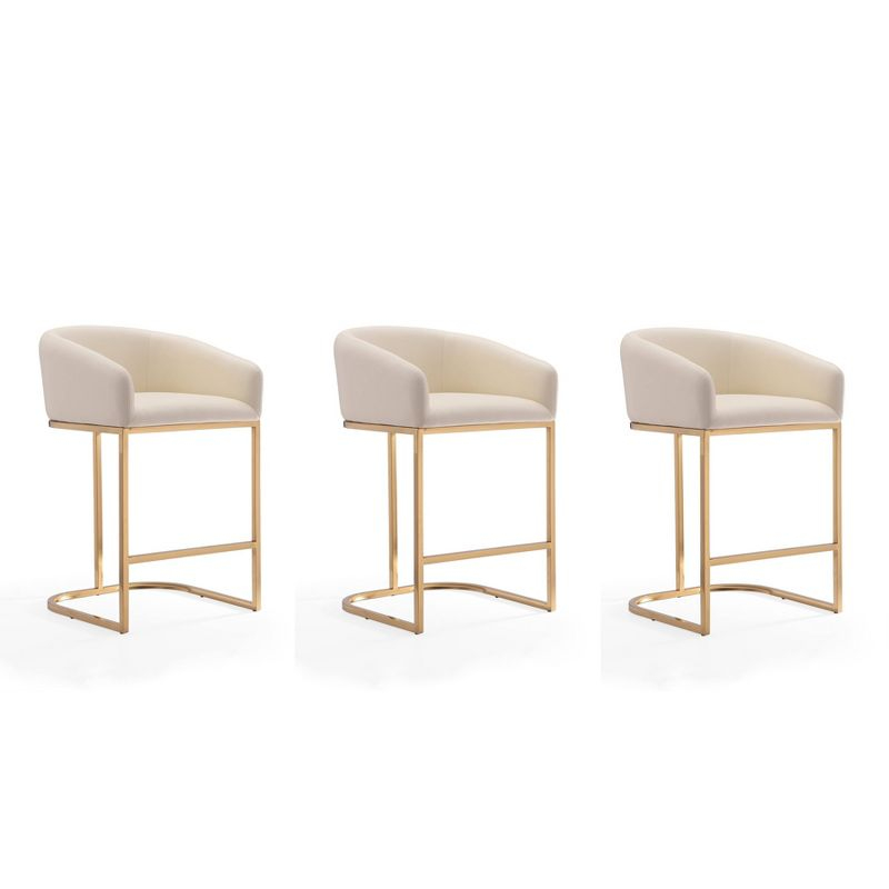 Manhattan Comfort Set of 3 Louvre Upholstered Stainless Steel Counter Height Barstools Cream: Faux Leather, Armrests, Footrest