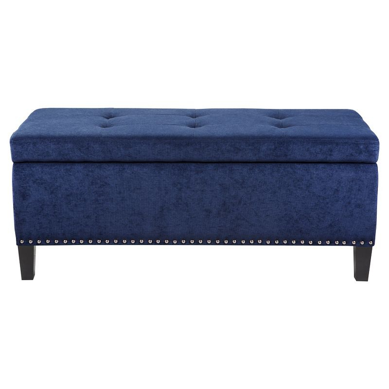 18" Shandra Bench Storage Ottoman with Tufted Top Blue - Home: Faux Leather, Rectangular, Wood Legs, Polyester Upholstered
