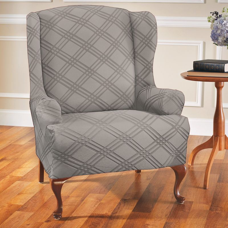 Collections Etc Double Diamond Stretch Furniture Cover Wing Chair Gray
