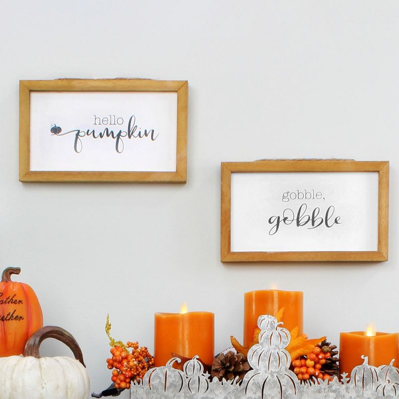 AuldHome Design 8.5x5" Farmhouse Decor Fall Theme Wood Signs 2pc Set; Mini Welcome Seasonal Plaques Pumpkin