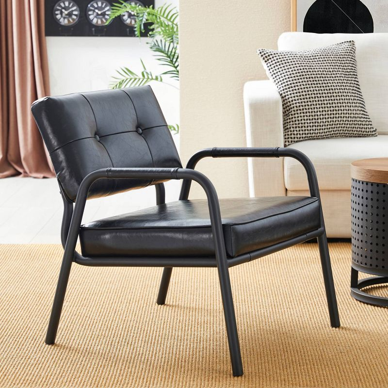 Mid-Century Modern Leatherette Arm Accent Chair Frosted Black Metal Frame Black - Glitzhome