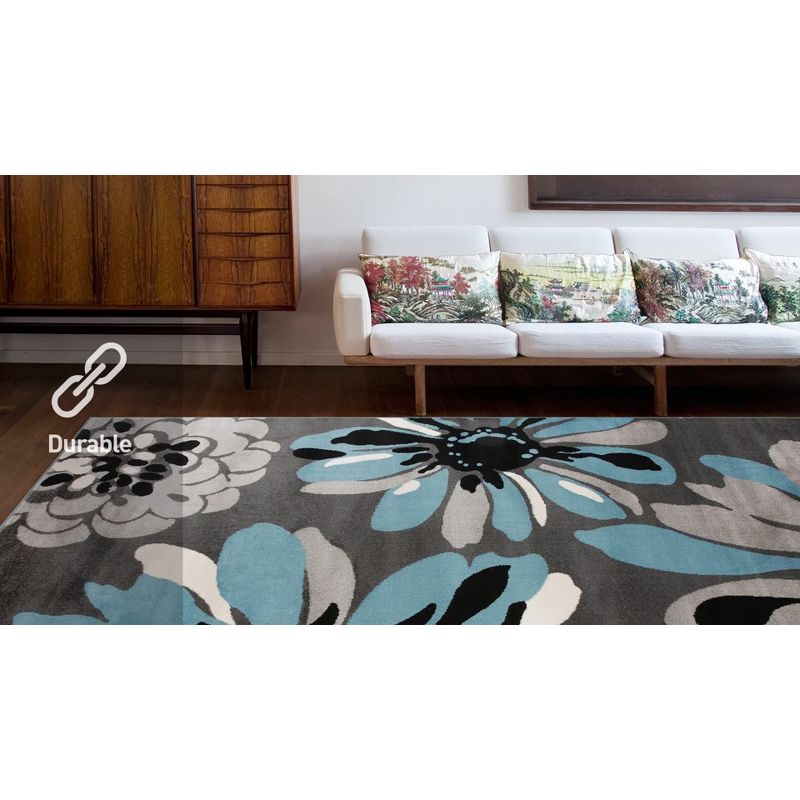 World Rug Gallery Contemporary Modern Flowers Area Rug - Blue 2'x10':  Stain-Resistant Runner,  Low Pile,  Floral Pattern