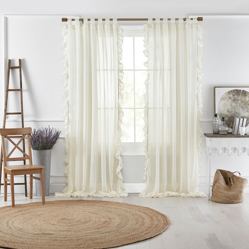 Bella Tab-Top Ruffle Cottagecore Single Sheer Window Curtain Panel - 52" x 95" - Ivory - Elrene Home Fashions