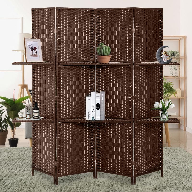 FDW Versatile 4 Panel Folding Room Divider Screen Divider Wooden Screen Folding Portable Partition with Built-in Shelves Stylish, Brown