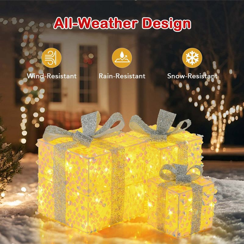 Costway 3 PCS Christmas Lighted Gift Boxes with 90 LED Lights Zip Ties Ground Stakes