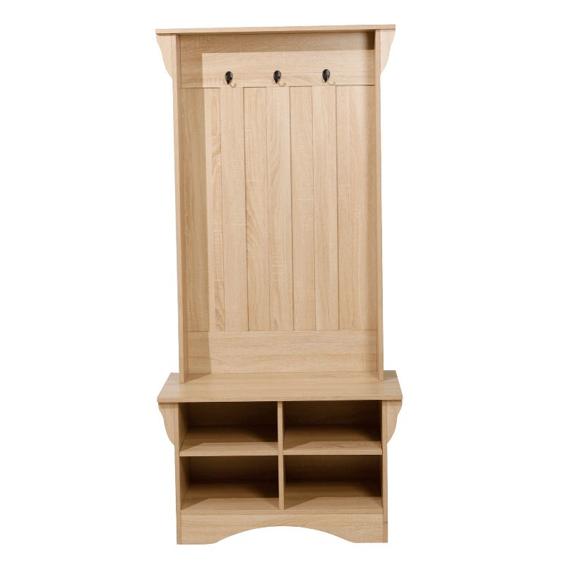 Merrick Lane Hallway Tree with Bench Seating, 3 Single Coat Hooks and Lower Storage with Adjustable Shelves in Weathered Wood
