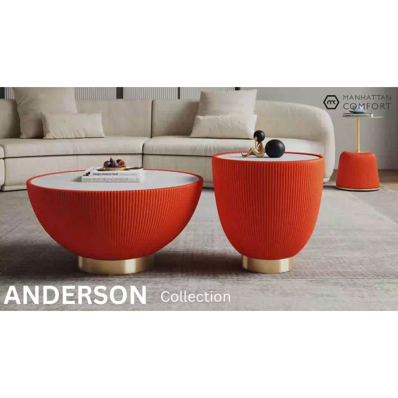 Manhattan Comfort Anderson Modern Leatherette Upholstered End Table with Gold Tabletop Cream: Round, No Assembly, Stainless Steel