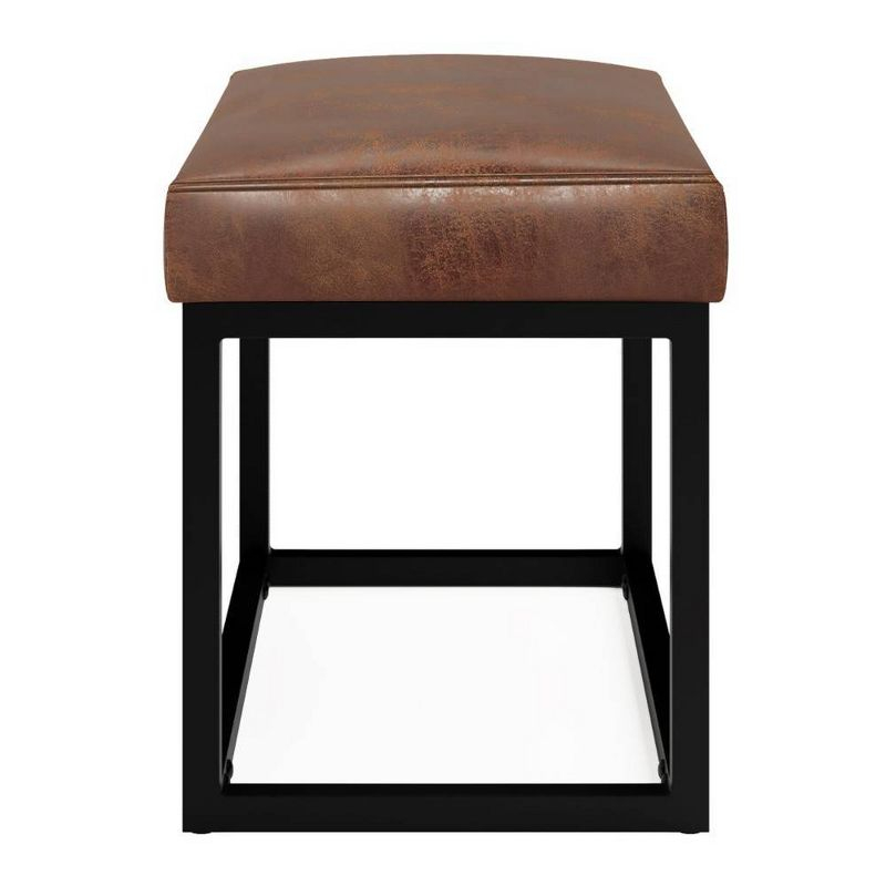 WyndenHall 26" Kerwood Contemporary Rectangle Bench Distressed Saddle Brown: Black Iron Frame, Vegan Faux Leather, Padded Rectangular Seat