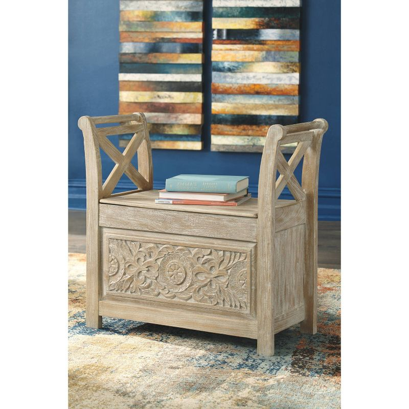 Fossil Ridge Accent Bench Whitewash - Signature Design by Ashley: Modern Storage Ottoman, Entryway Furniture