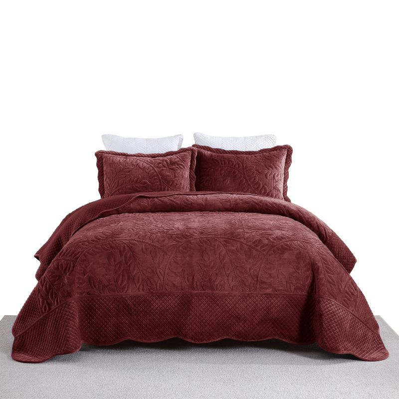 Marcielo 3 PCS Luxury Velvet Oversized Embroidery Quilted Quilt Set Rustic Burgundy Queen