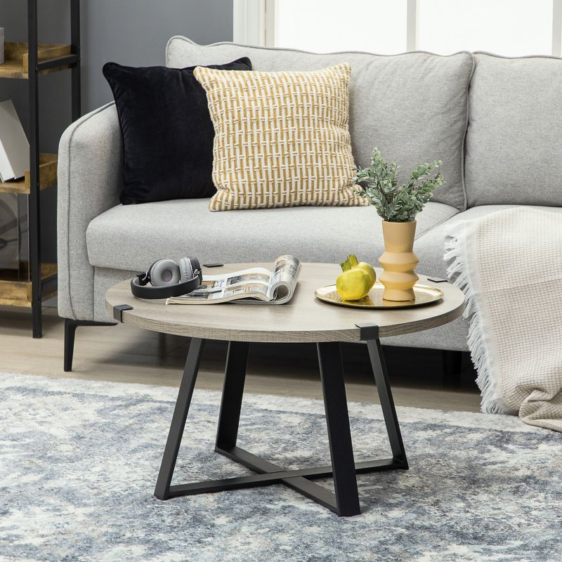 HOMCOM Round Coffee Table, Accent Center Table Steel Legs Living Room Furniture, Wooden Coffee Table, Light Gray