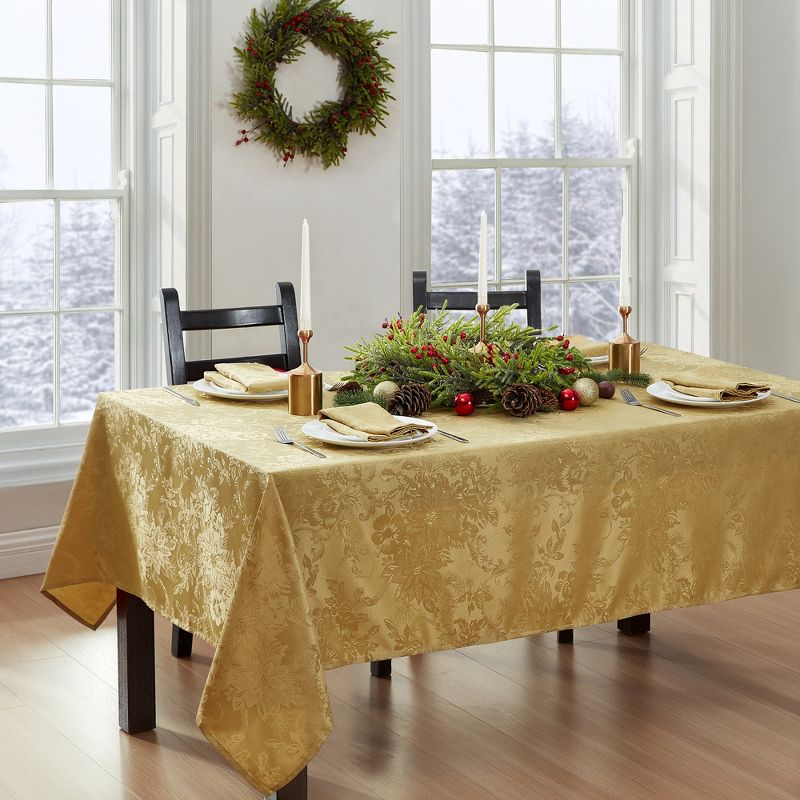 Poinsettia Elegance Jacquard Holiday Tablecloth - 52" Square - Gold - Elrene Home Fashions