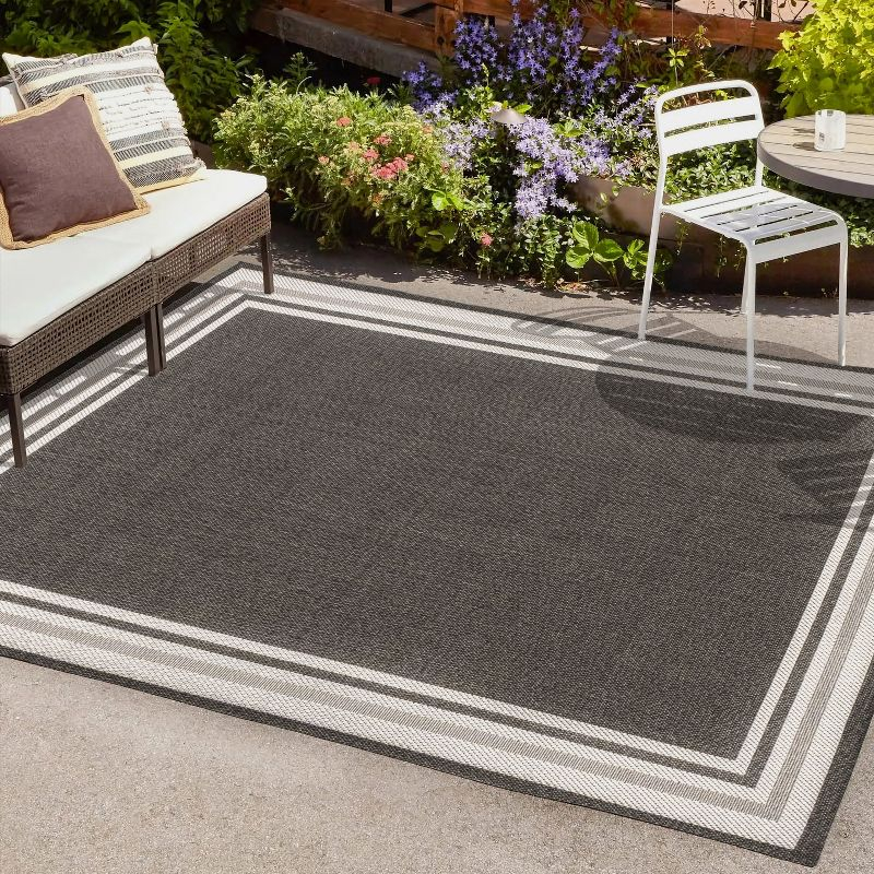 5' x 8' James Modern Border Stripe Indoor/Outdoor Area Rug, Black/Cream - JONATHAN Y