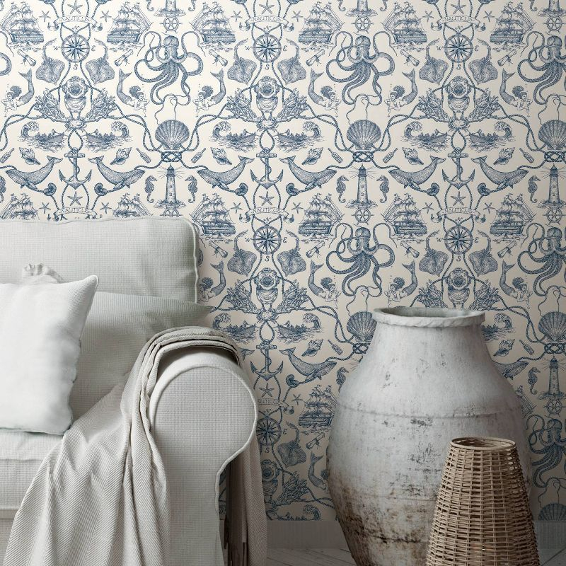 RoomMates Deep Sea Toile Blue Peel and Stick Wallpaper: Nautical Vinyl, Mermaid & Seahorses, Self-Adhesive, 28.18 Sq Ft Coverage