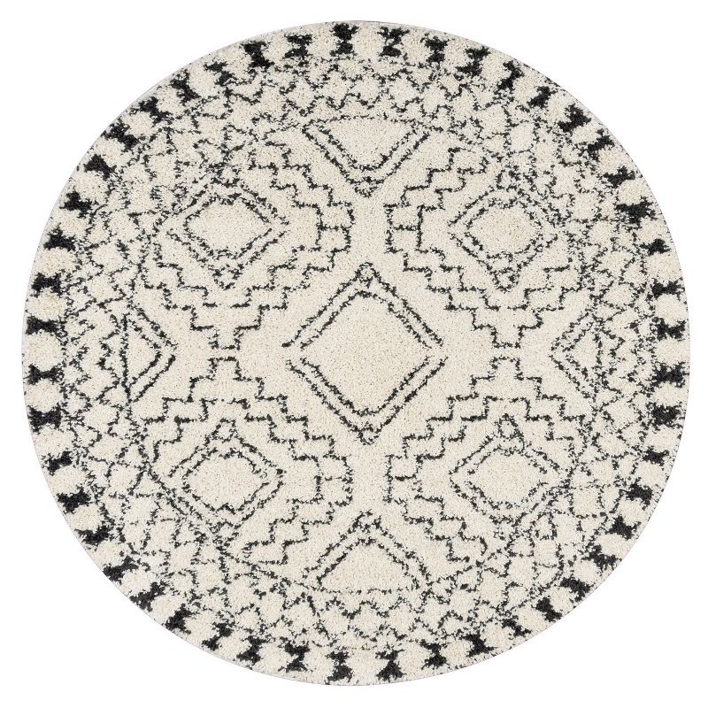 Nuloom Vasiliki Geometric 6 Round Shag Indoor Area Rug for Living Room Bedroom Dining Room Nursery, Off White/Charcoal