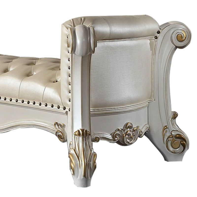 Acme Furniture 74" Vendome Ottoman and Bench Pearl Synthetic Leather and Antique Pearl Finish: Linen Upholstery, Metal Legs, No Tools Assembly