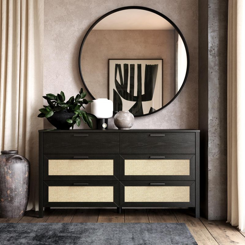 Ameriwood Home Wimberly 6-Drawer Dresser, Black Oak with Faux Rattan