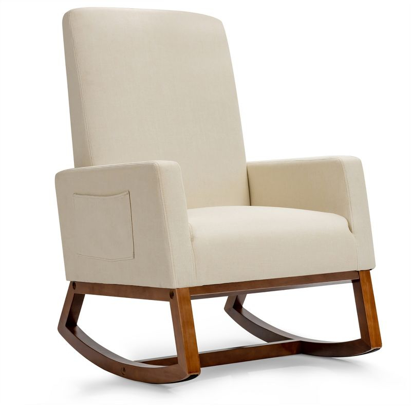 Tangkula Mid Century Rocking Chair Comfortable Rocker Modern High Back Armchair Beige
